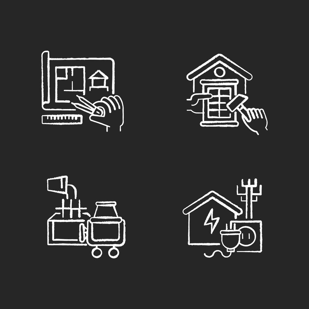 Building and repair house chalk white icons set on black background
