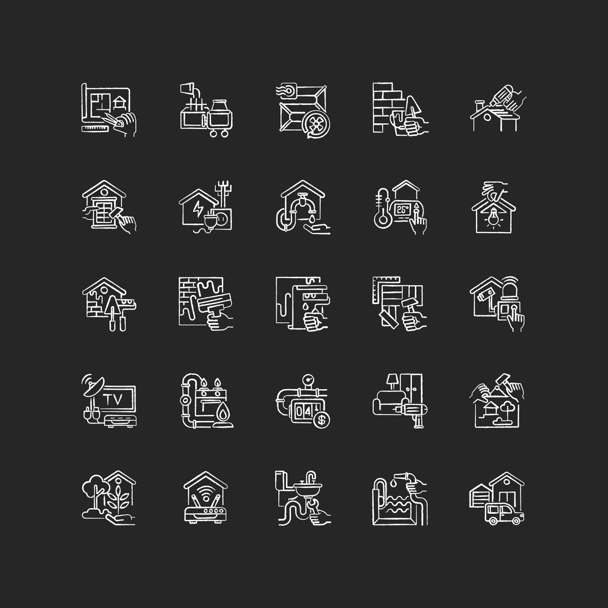 Building and repair house chalk white icons set on black background