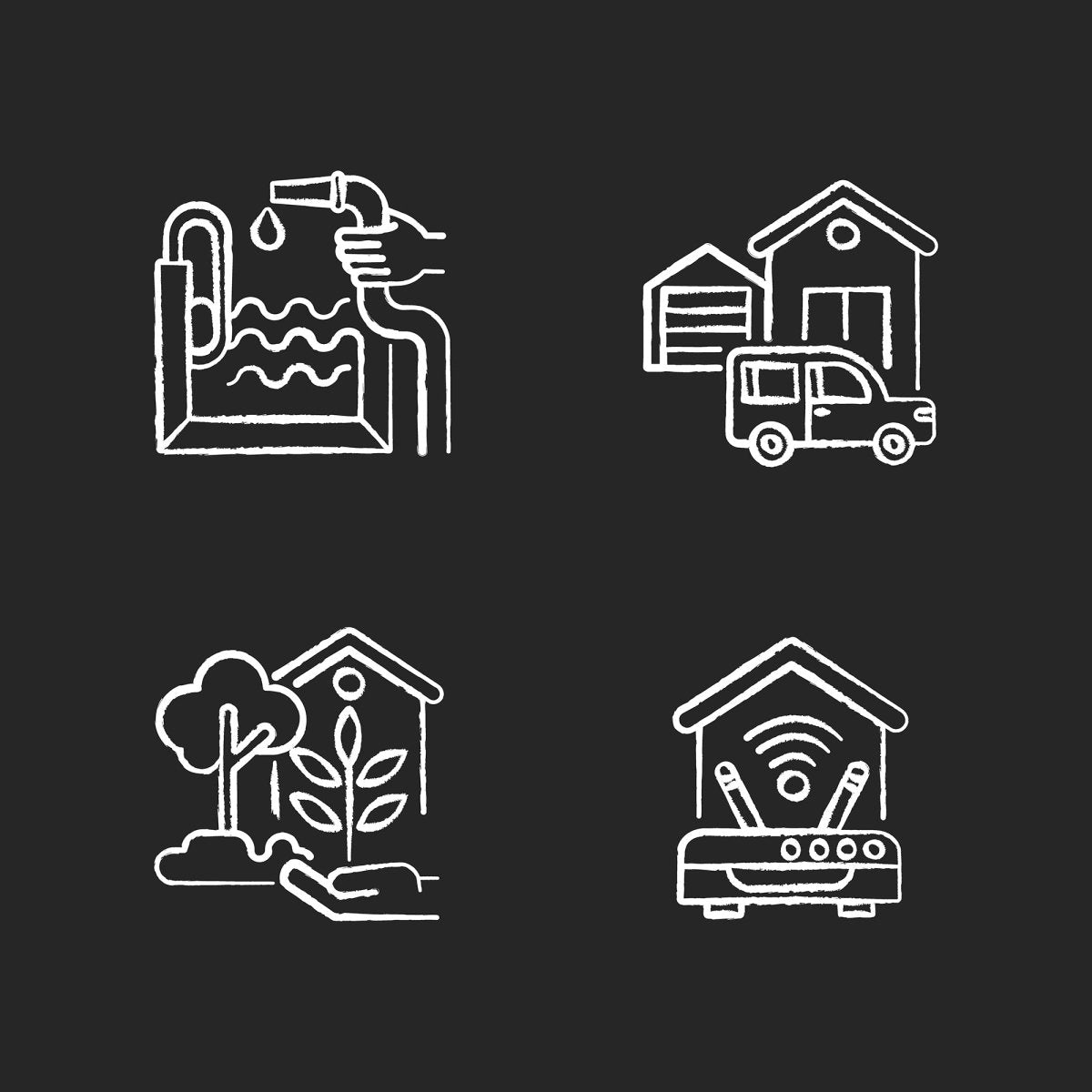 Building and repair house chalk white icons set on black background