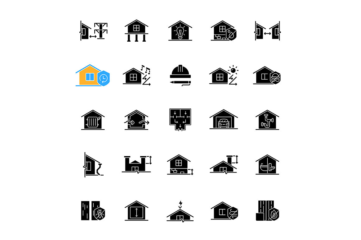 Building safety requirements black glyph icons set on white space
