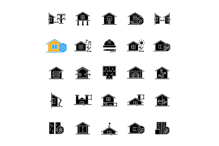 Building safety requirements black glyph icons set on white space
