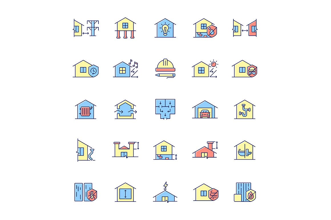 Building safety requirements RGB color icons set