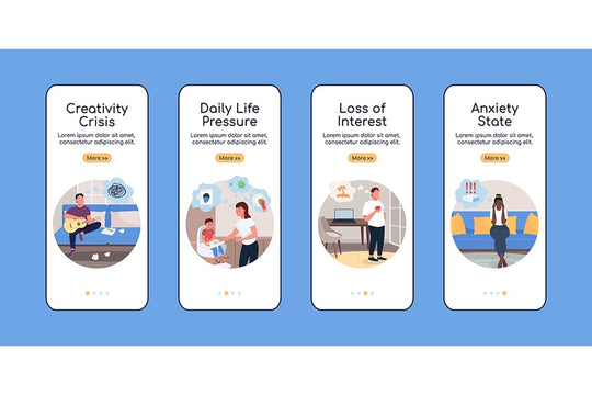 Burnout types onboarding mobile app screen flat vector templates