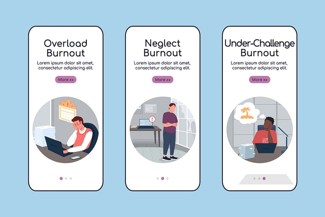Burnout types onboarding mobile app screen flat vector templates