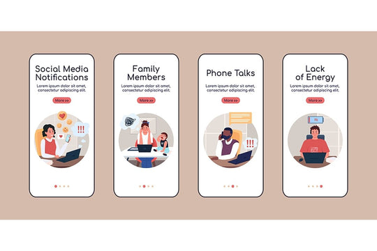 Burnout types onboarding mobile app screen flat vector templates