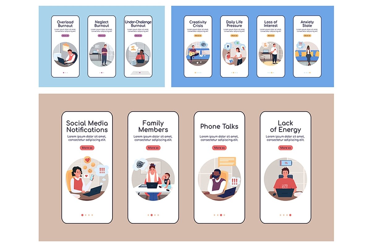 Burnout types onboarding mobile app screen flat vector templates