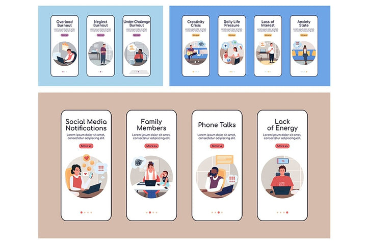Burnout types onboarding mobile app screen flat vector templates