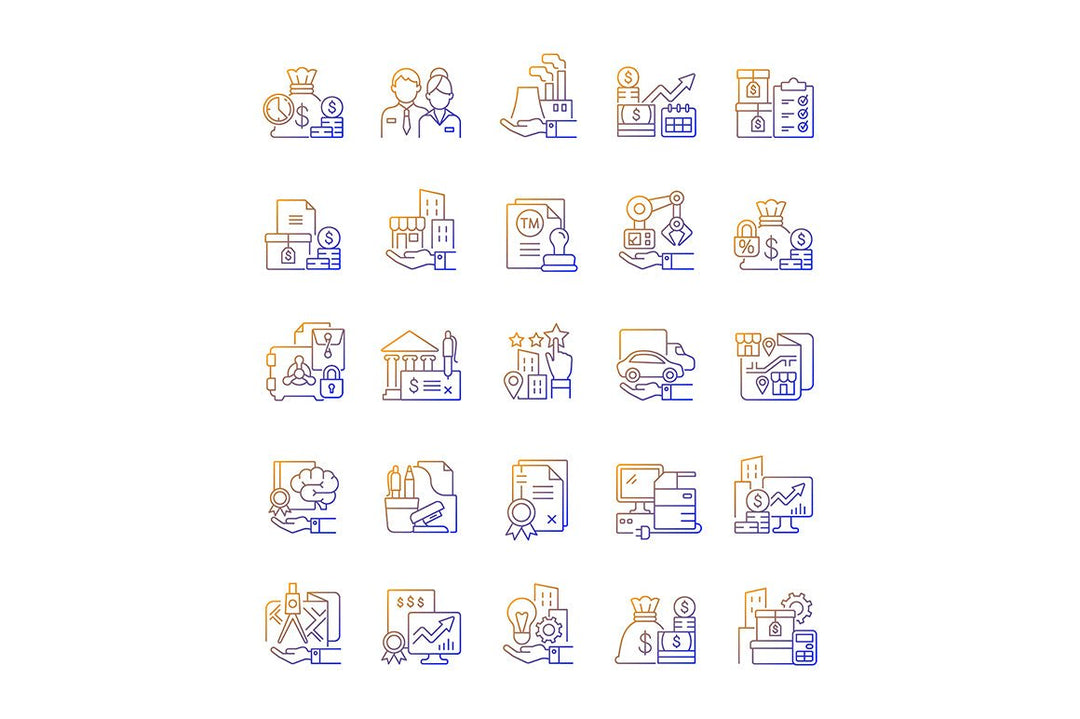 Business assets gradient linear vector icons set