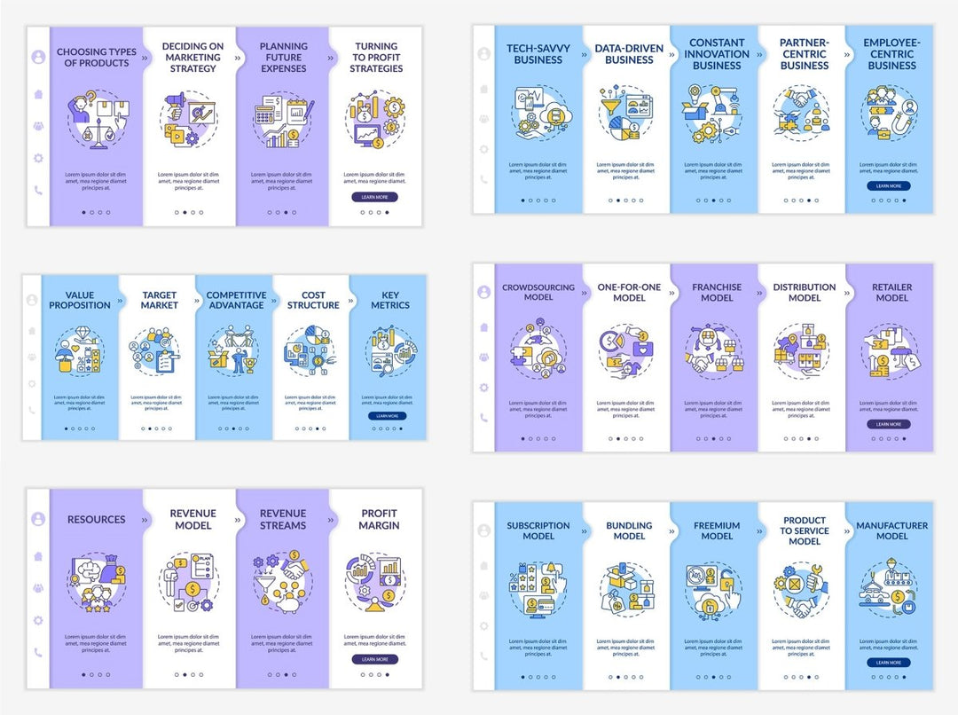 Business model types onboarding vector template bundle