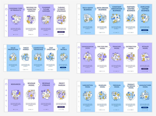 Business model types onboarding vector template bundle
