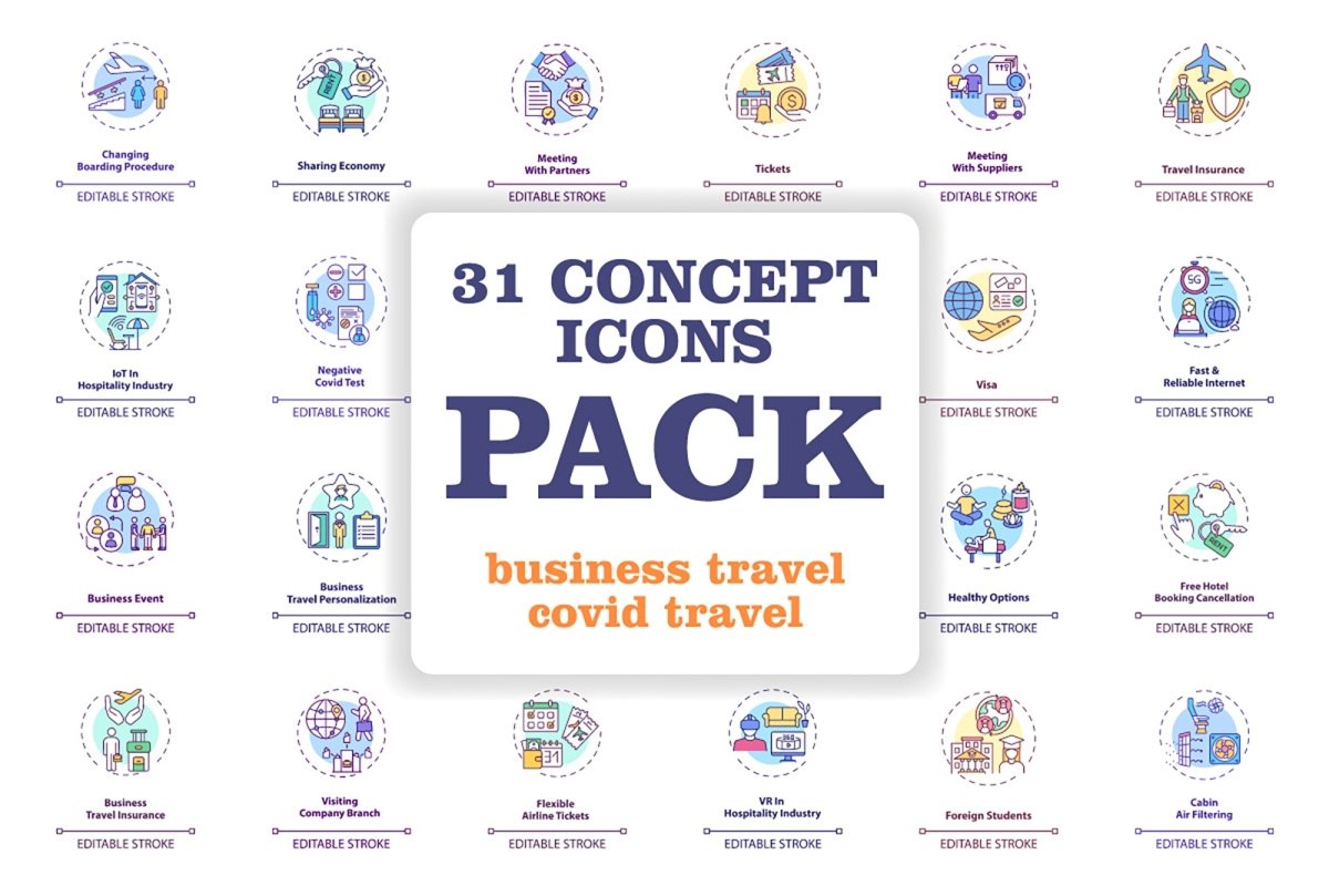Business travel during coronavirus pandemic concept icons bundle