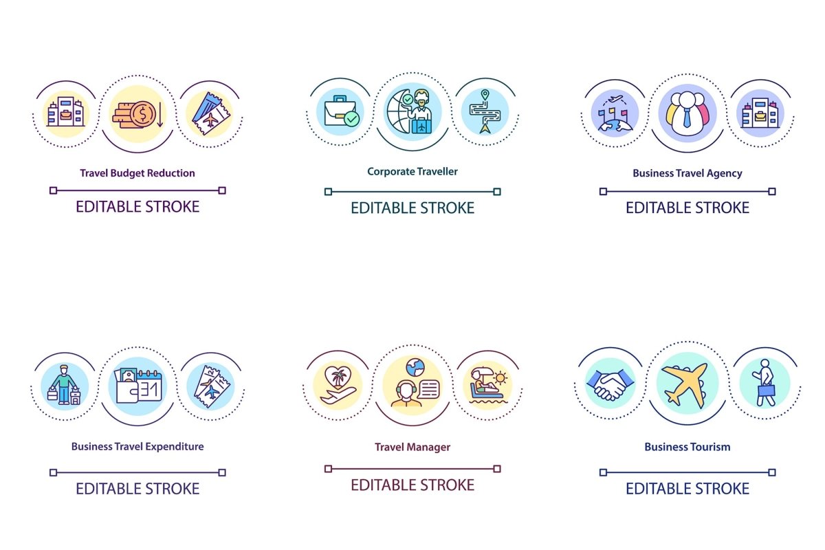 Business travel during coronavirus pandemic concept icons set
