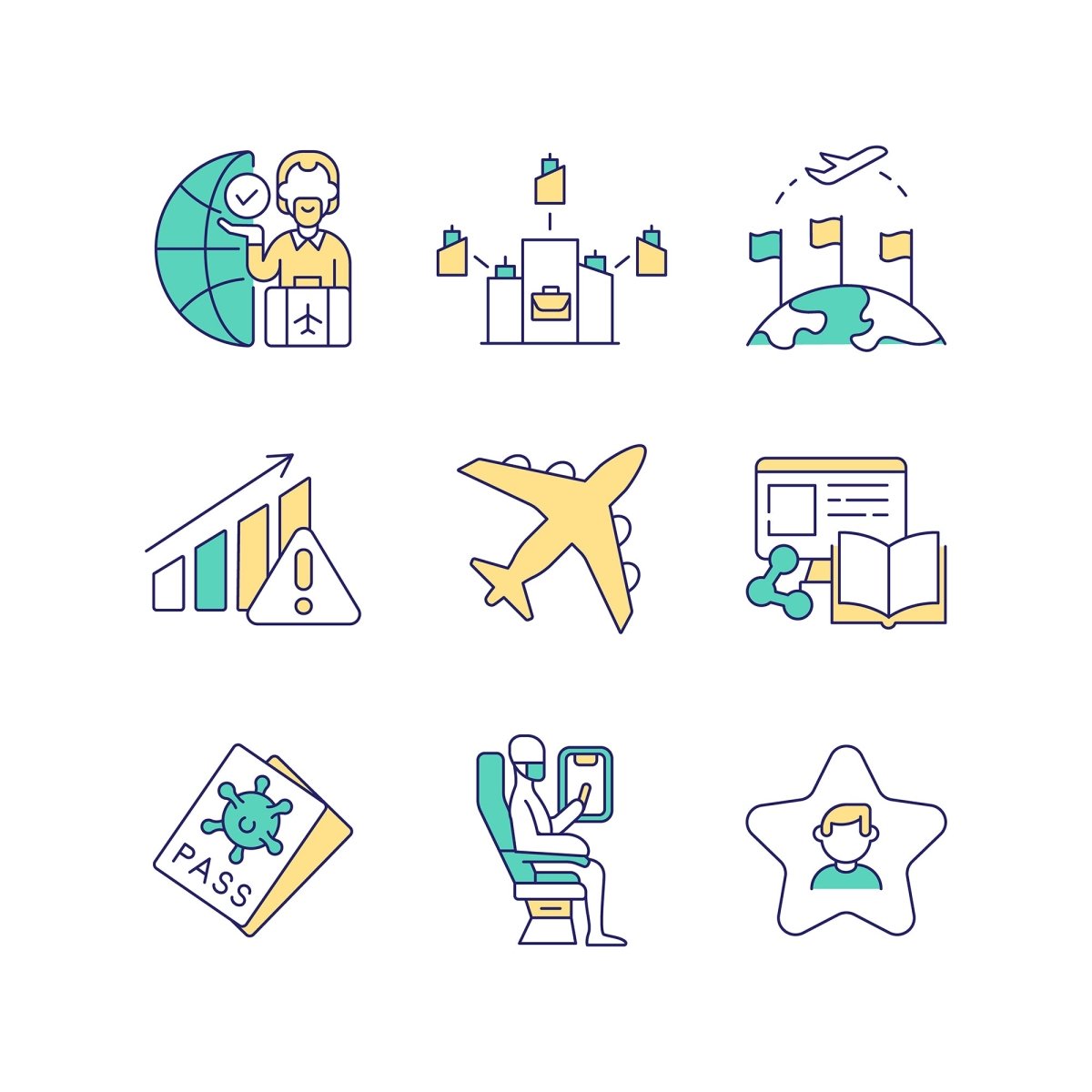 Business travel trends black glyph icons set on white space