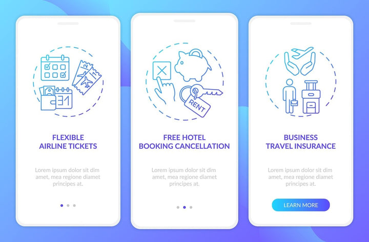 Business travel trends onboarding mobile app page screen bundle