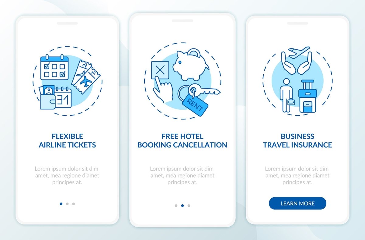 Business travel trends onboarding mobile app page screen bundle