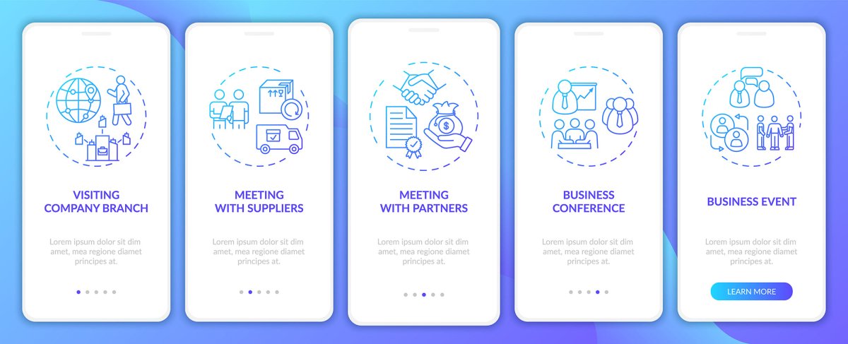 Business travel trends onboarding mobile app page screen bundle