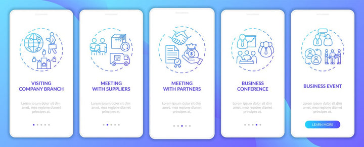 Business travel trends onboarding mobile app page screen bundle