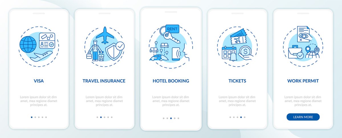 Business travel trends onboarding mobile app page screen bundle