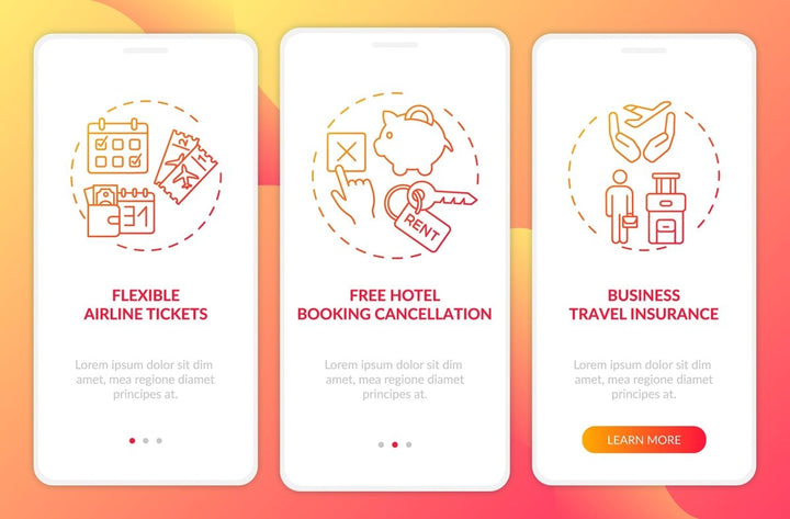 Business travel trends onboarding mobile app page screen bundle