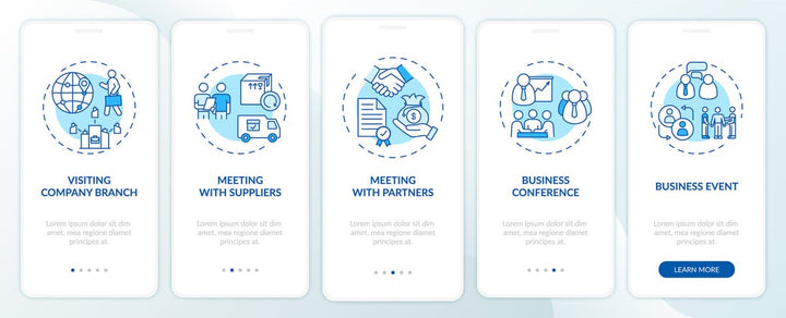 Business travel trends onboarding mobile app page screen bundle