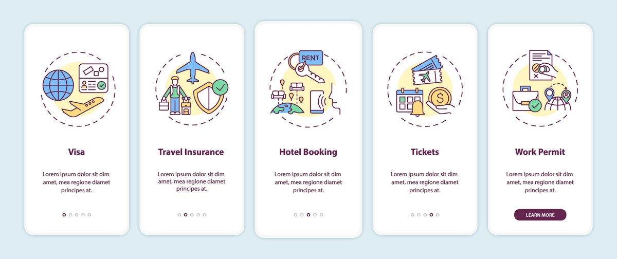 Business travel trends onboarding mobile app page set