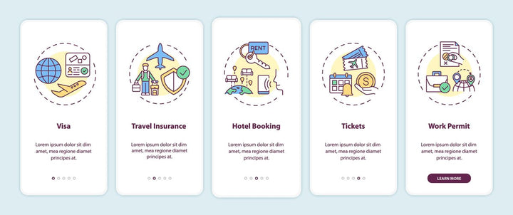 Business travel trends onboarding mobile app page set