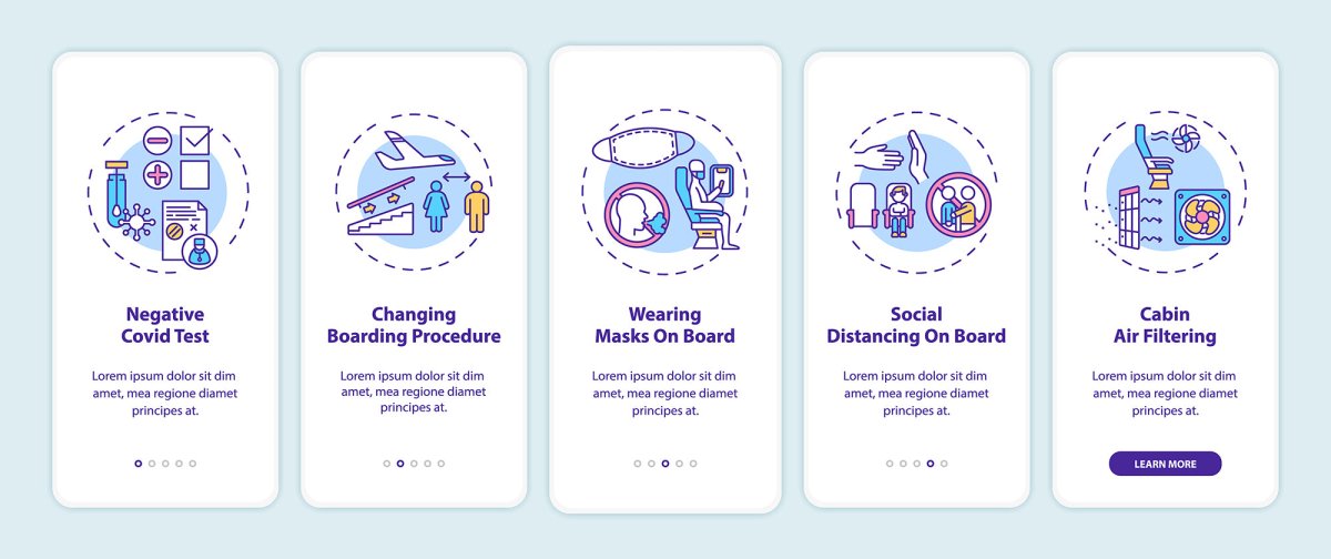 Business travel trends onboarding mobile app page set