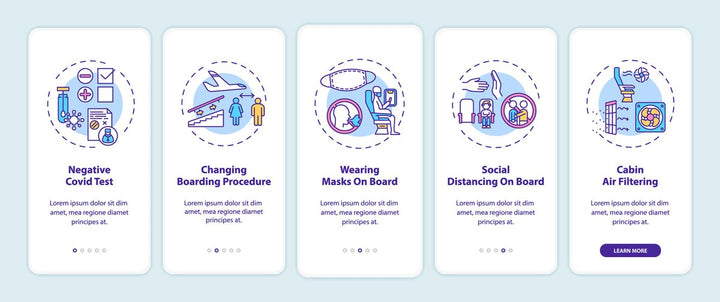 Business travel trends onboarding mobile app page set