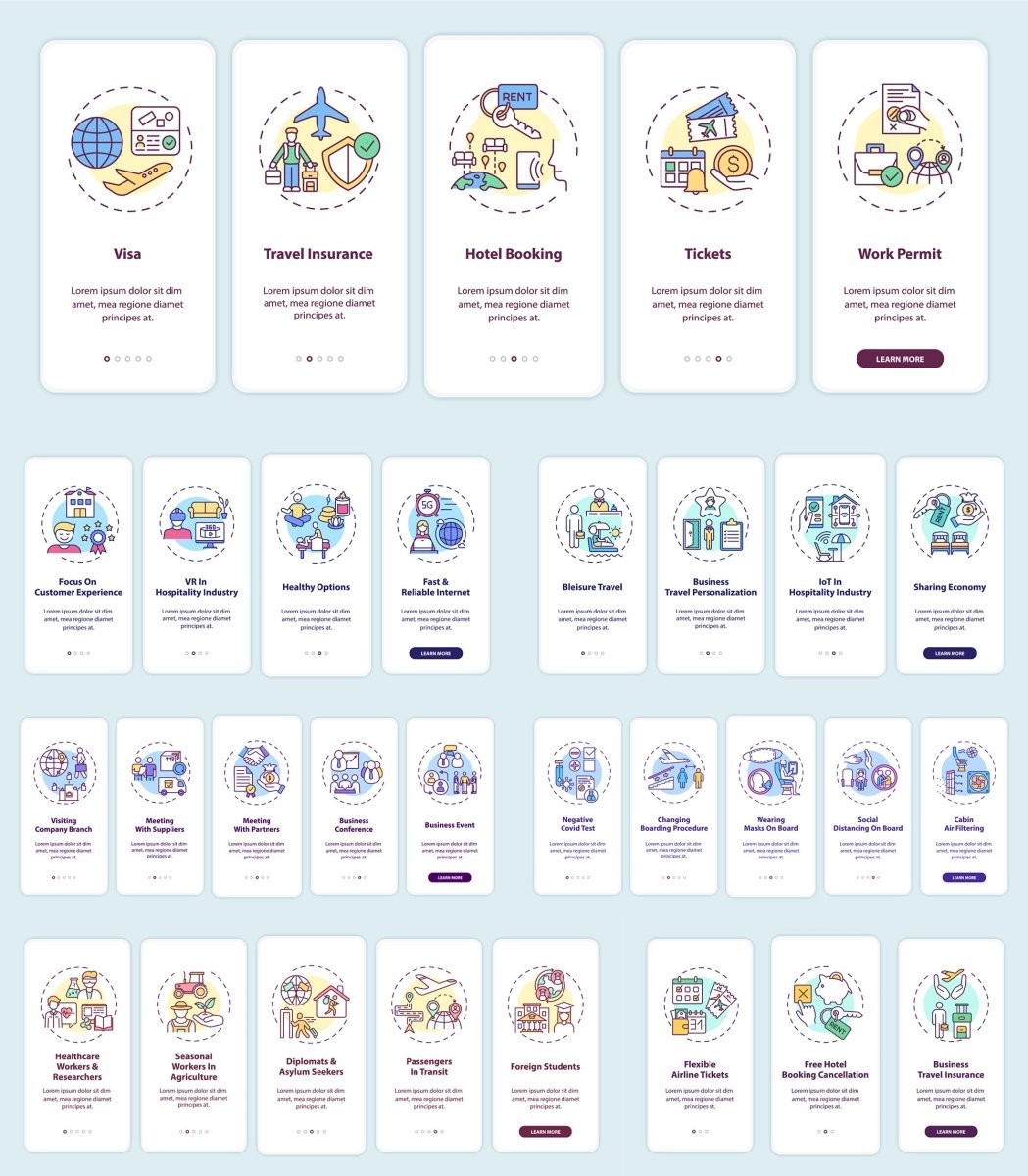 Business travel trends onboarding mobile app page set