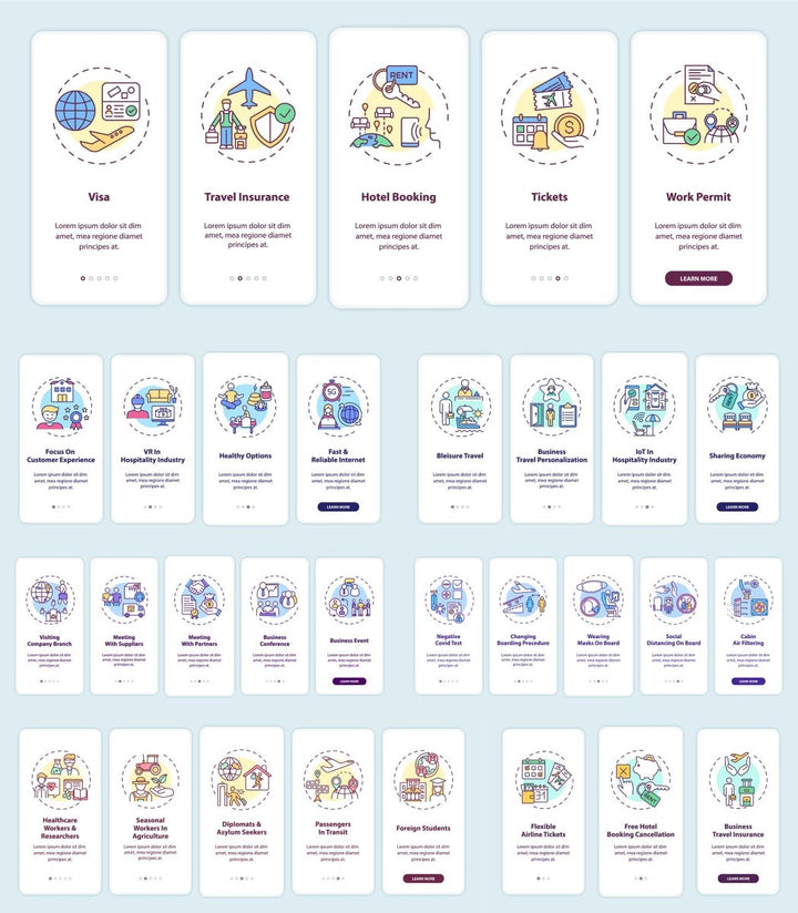 Business travel trends onboarding mobile app page set