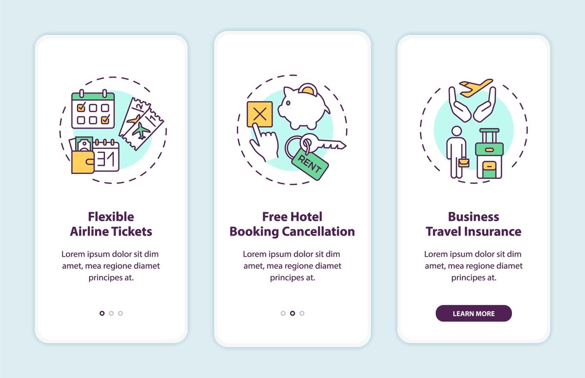 Business travel trends onboarding mobile app page set