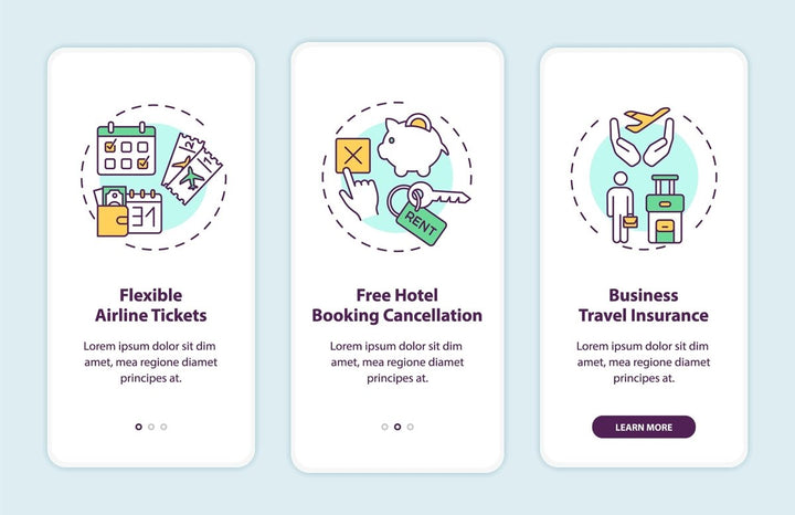Business travel trends onboarding mobile app page set
