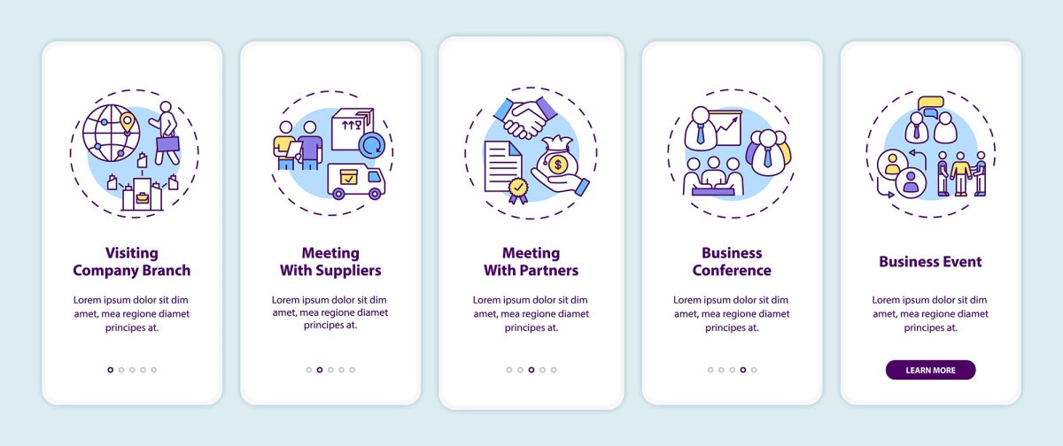 Business travel trends onboarding mobile app page set