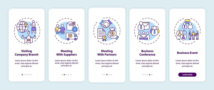 Business travel trends onboarding mobile app page set