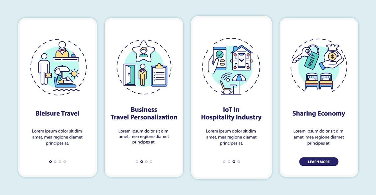 Business travel trends onboarding mobile app page set