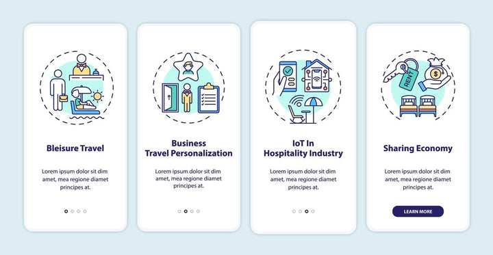 Business travel trends onboarding mobile app page set