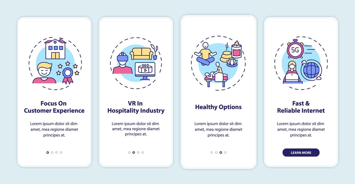 Business travel trends onboarding mobile app page set