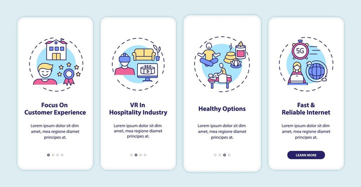 Business travel trends onboarding mobile app page set