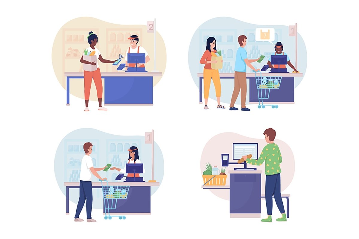 Buying groceries in shop 2D vector isolated illustration set