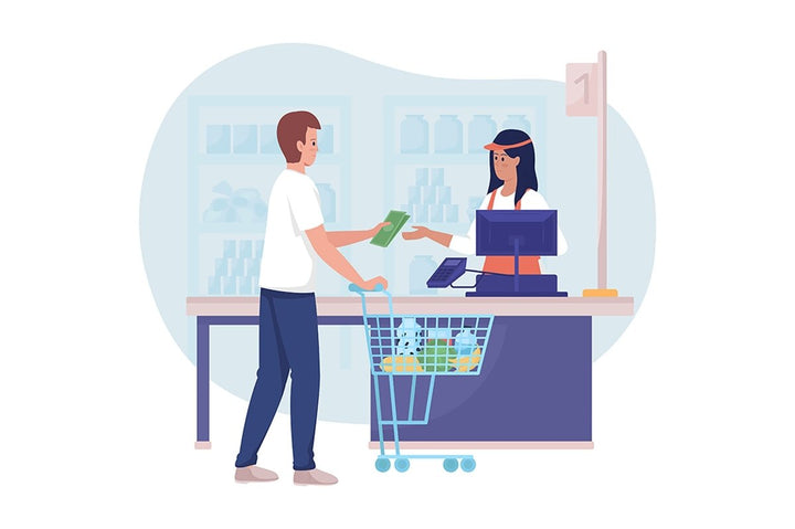 Buying groceries in shop 2D vector isolated illustration set