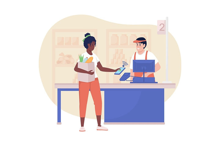 Buying groceries in shop 2D vector isolated illustration set