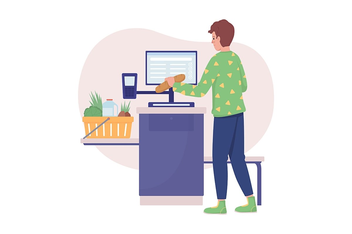 Buying groceries in shop 2D vector isolated illustration set