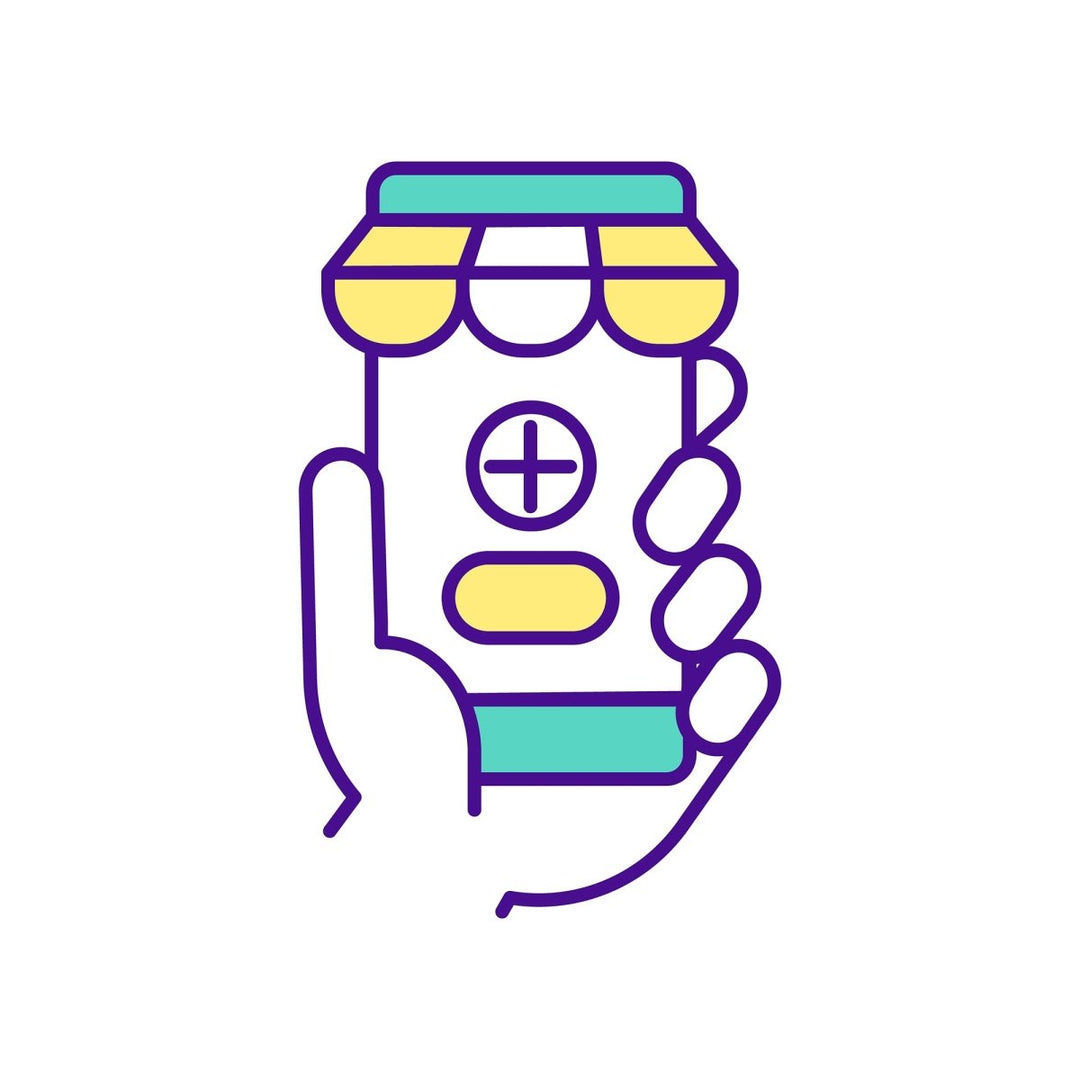 Buying medicine online RGB color icons set