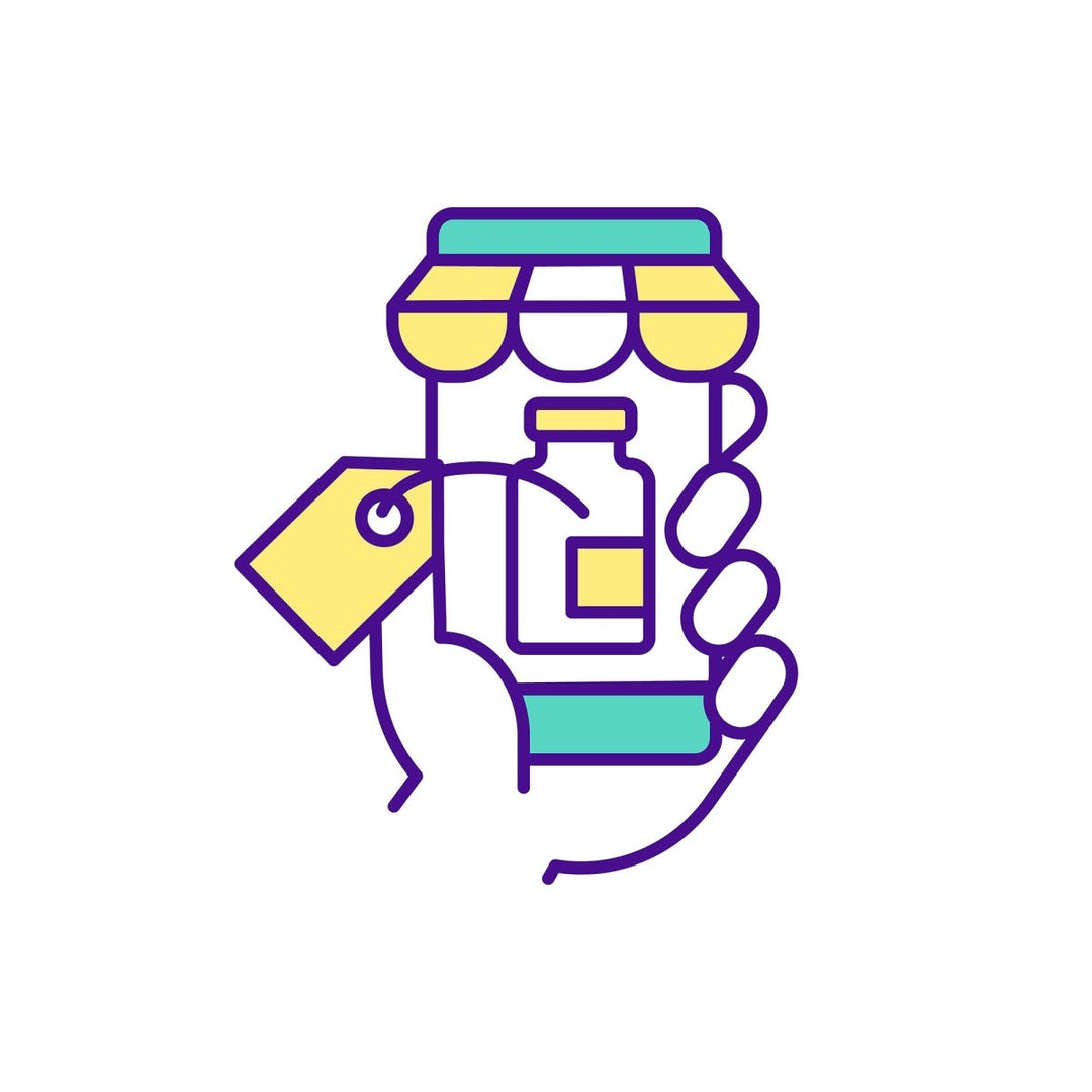Buying medicine online RGB color icons set