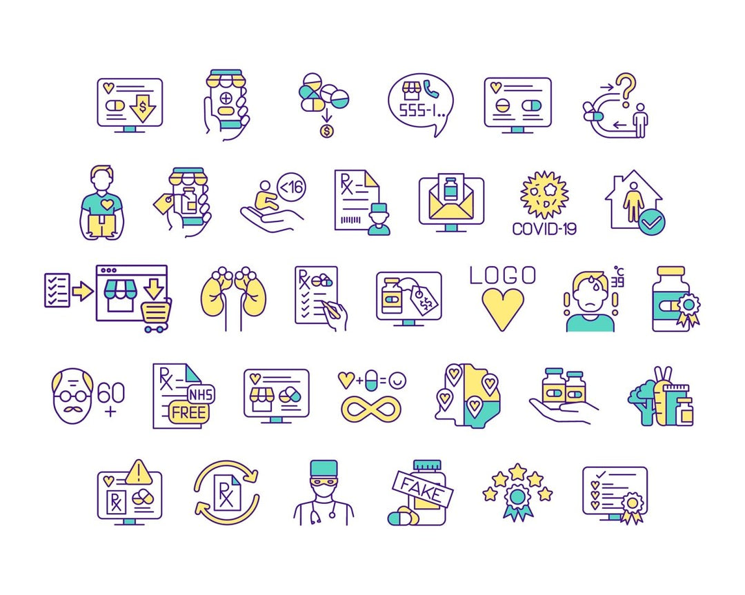 Buying medicine online RGB color icons set