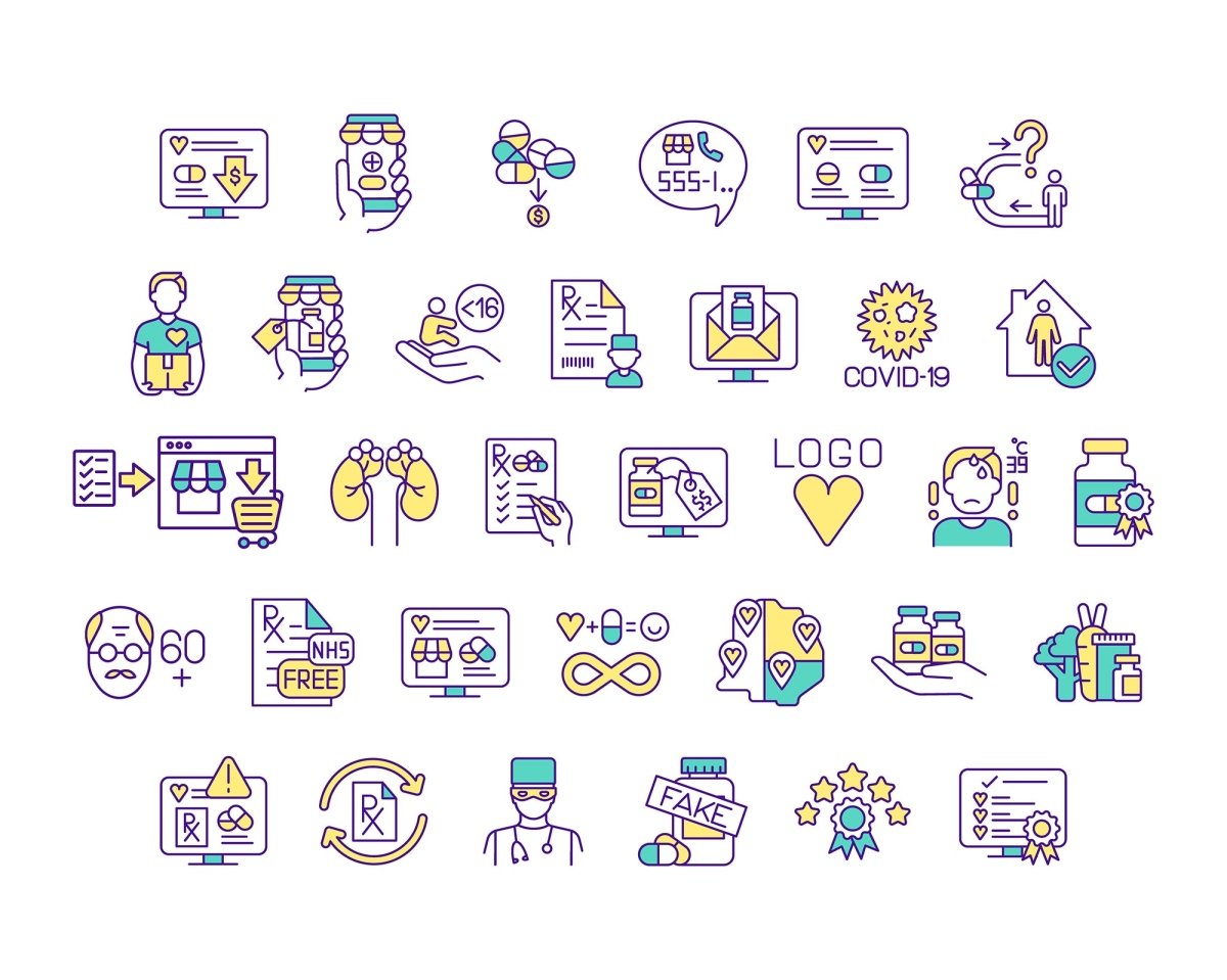 Buying medicine online RGB color icons set