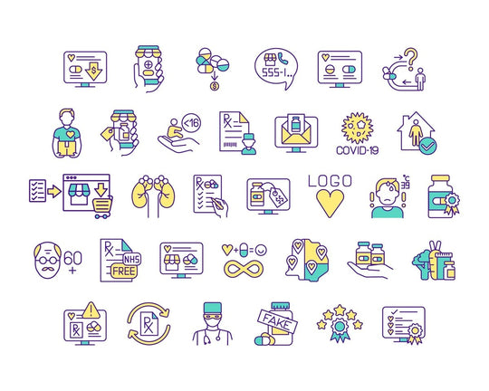 Buying medicine online RGB color icons set