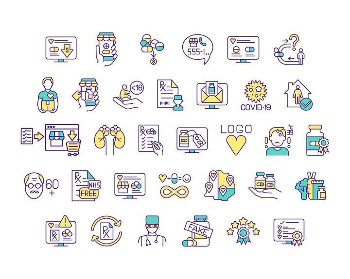 Buying medicine online RGB color icons set