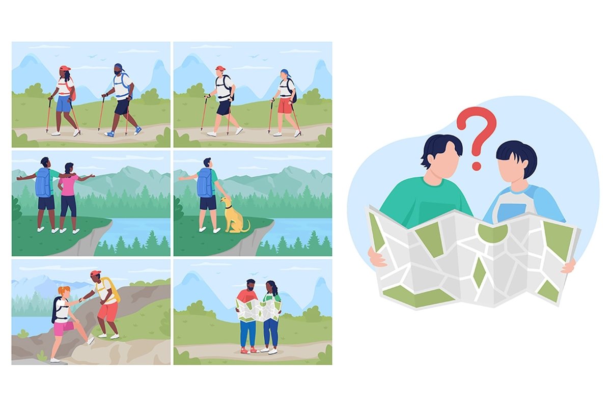 Camping adventure flat color vector illustration set