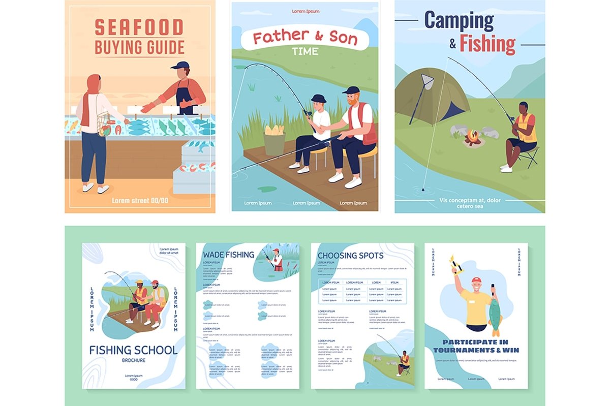 Camping and fishing poster flat vector templates set